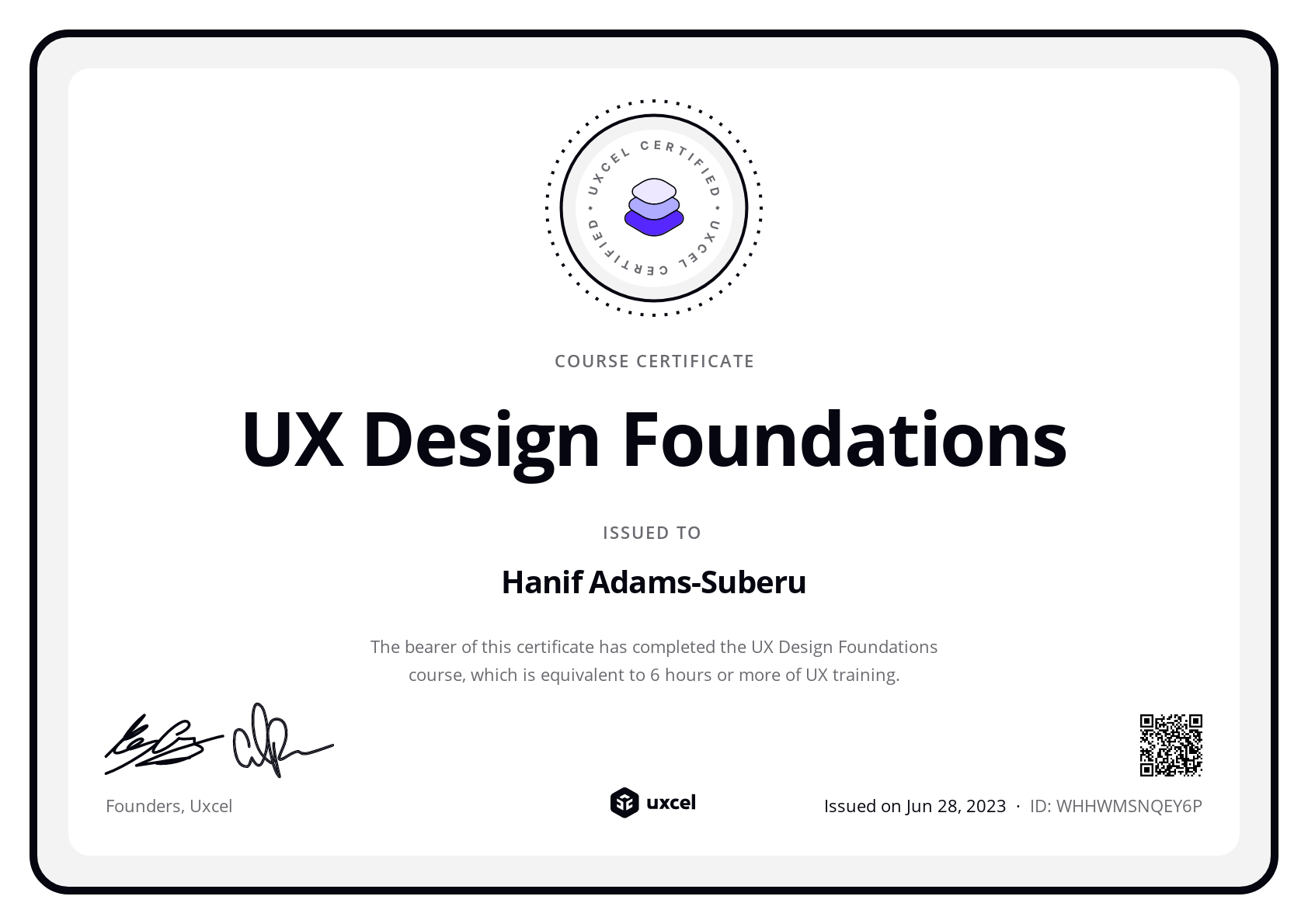 Hanif Adams-Suberu's certificate
